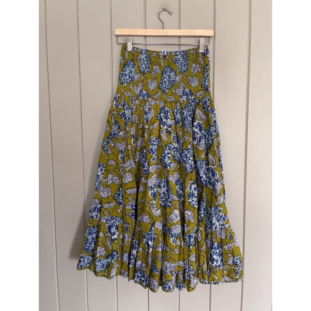 Dress Addict Maxi Skirt S Small Blue Green Smocked Top A-Line Cotton Voile